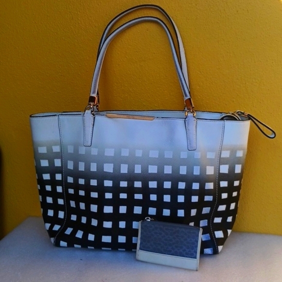 COACH Madison Gingham Black and White Jet Set Tote Bag Handbag with mini Wallet - Picture 1 of 9